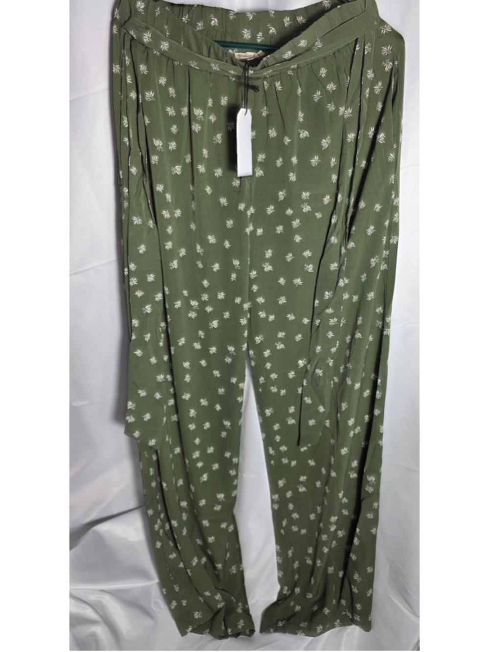 Women's Cotton Bleu Wide Leg Pants Size L Green White Floral cottagecore fall